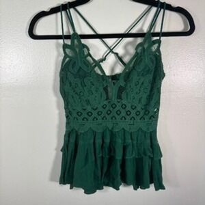 Festival Lace Peplum Cami Women Sz L Green Boho Forest Fairy Top Crochet Floral